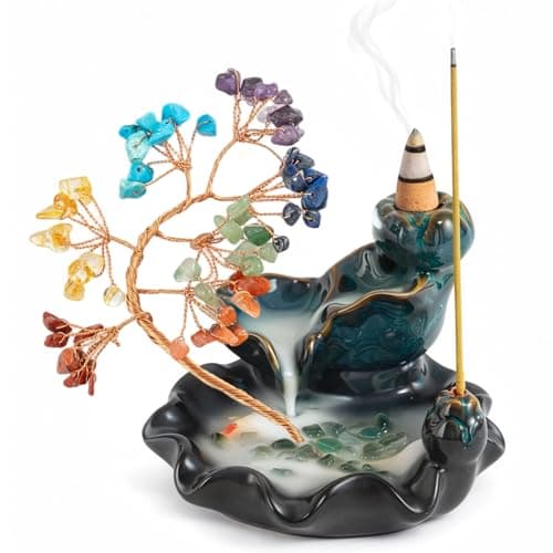 Image of GREENSAPPIRE Ceramic Lake Waterfall Incense Burner Crystal Tree Backflow Incense Burner 7 Chakra Crystal Tree Scented Sticks Holders Ceramic Mountain Lake Base with Koi Fish Home Decor Gifts