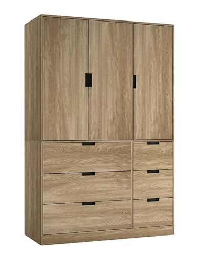 Image of URBNLIVING 3-Door Wardrobe with 6 Drawers – Customisable Two-Tone Storage Unit - Oak Unit & Oak Doors & Drawers