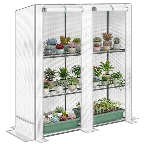 Image of Outsunny 3 Tier Lean-to Mini Greenhouse with Reinforced PE Cover, Portable Small Greenhouse with Roll-Up Door, Grey Hemmed Edging, 144 x 48 x 152cm, Grey