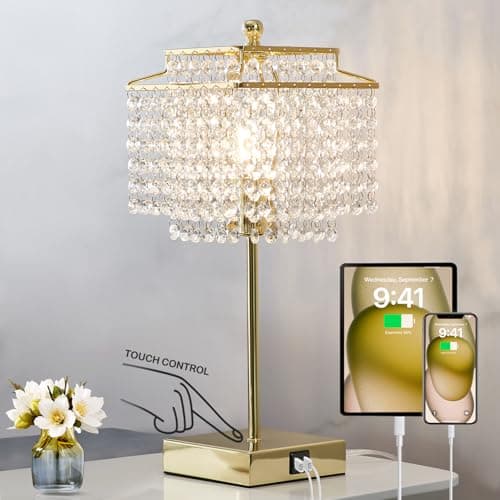 Image of GyroVu Crystal Table Lamp, Touch Lamp with USB C+A Ports, Dimmable Bedside Lamp for Nightstand Bedroom Living Room,Bulb Included