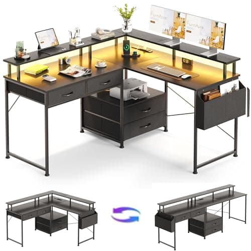Image of Flrrtenv 130x120cm L Shaped Desk with Power Outlet & LED Lights, 4 Drawers Reversible Gaming Corner Computer Desks for Workstation, Home Office Desks with Monitor Shelf & Storage Shelves,Black