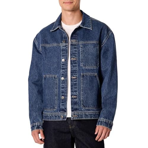 Image of Amazon Essentials Men's Rigid Denim Relaxed-Fit Utility Jacket, Tinted Medium Blue, XXL