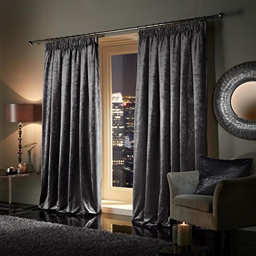 Image of viceroy bedding Pair of Heavy Crushed Velvet Curtains PENCIL PLEAT TAPE TOP Fully Lined Curtains CHARCOAL Dark Grey Silver 66" Width x 72" Depth