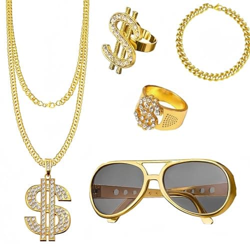 Image of 5 Pcs Hip Hop Costume Set,80s Fancy Dress Men and 90s Gold Chain Fancy Dress Accessories,Party Rings,Fake Gold Bracelet,Fake Dollar Sign Necklace for Men and Women,Rapper Masquerade Accessories
