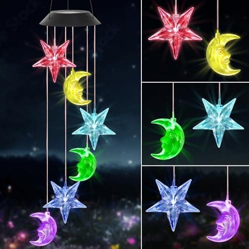 Image of Dremisland Star Moon Solar Wind Chimes for Garden Birthday Gifts for Women Mum Color Changing Wind Chimes Outdoor Waterproof Mobile Garden Lamp Solar Lights Yard Porch Decorations