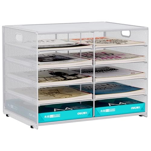 Image of EasyPAG 5 Tier 10 Compartments Desktop A4 Mesh Filing Tray Office Desk Tidy Mail Sorter File Holder Paper Organiser Magazine Storage Rack,White