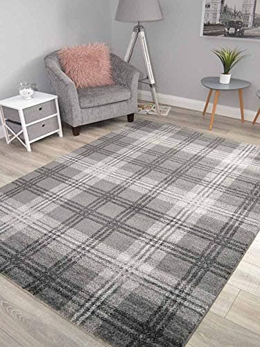 Image of Modern Soft Black Silver Tartan Highland Check Rugs (120cm x 170cm)