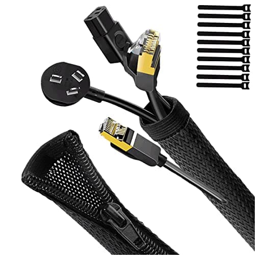 Image of UPXDUMI 2pcs 1m Cable Tidy Zip Sleeve for PC/TV, Desk Management Organisers, Wire Tidy Loom Tube Cord Wrap Protector with 10pcs Reusable Cable Ties for Home, Office, Black
