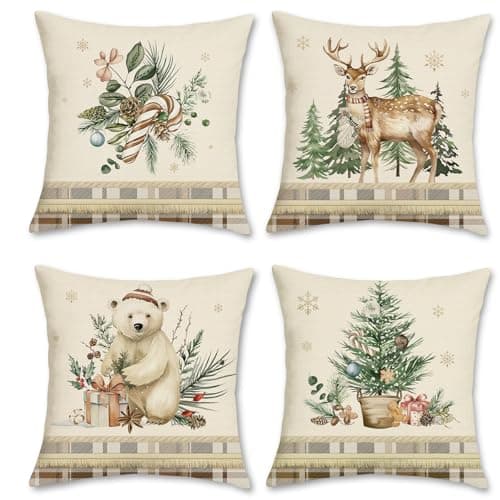 Image of Bonhause Winter Animals Cushion Covers 45 x 45 cm Bear Reindeer Pine Trees Leaves Plaid Decorative Throw Pillow Covers for Sofa Couch Bed Home Winter Holiday Decor Set of 4