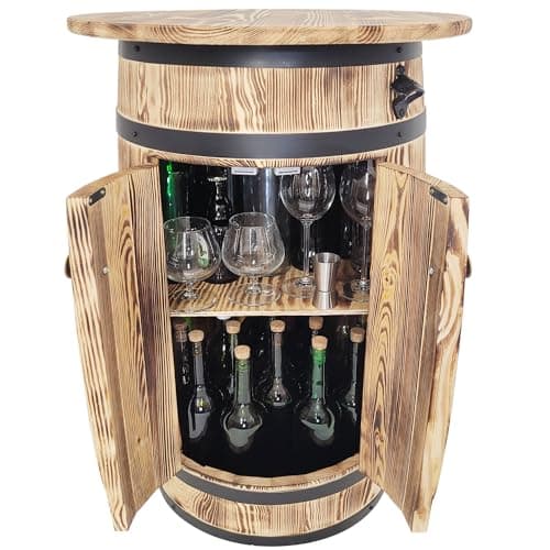 Image of weeco Wooden Bar Barrel with Shelves and Doors for Storing Alcohol Decorative, Bar Cabinet with Large Shelf for 30-40 Bottles, Wine Rack 80 x 55 x 44 cm, Light Brown