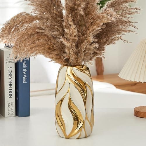 Image of OTARTU Cream White Ceramic Vase for Flowers, Golden Flower Vase, Modern White Vase, Home Decoration, Small Vase, Ceramic Vase for Pampas Grass, Decorative Vase, for Farmhouse, Coffee Table, Bookshelf