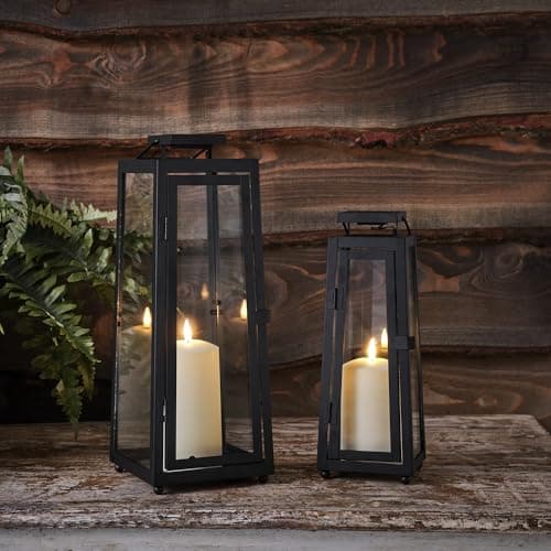 Image of Lights4fun Set of 2 Outdoor Garden Solar Powered Black Metal Decorative TruGlow® LED Candle Lanterns Lights IP44 Waterproof