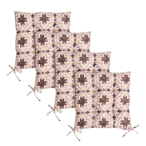 Image of OHS 4 Pack Seat Pads Garden Chair Cushions Tile Print, Soft Comfy Indoor Outdoor Seat Cushions with Ties for Garden Furniture Bistro Chairs Kitchen Dining Chair Cushions, Natural - 40 x 40cm