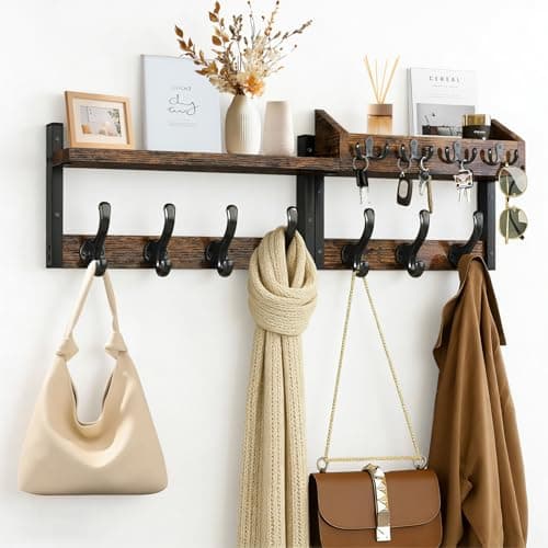 Image of Yalitrca 4 in 1 Wooden Coat Hooks, Coat Rack Shelf Wall Mounted, 73.6cm L Entryway Coat Hanger with 7 Hooks, Key Holder for Kitchen, Bathroom, Living Room