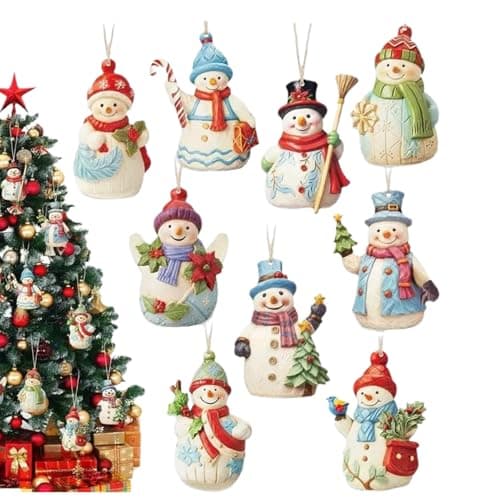 Image of Christmas Snowman Ornaments - 9 Piece Wood Pendant Snowman Ornament - Christmas Tree Hanging Decorations for Holiday Party Supplies Garden Outdoor Wall Window Home Patio Kitchen 8cm