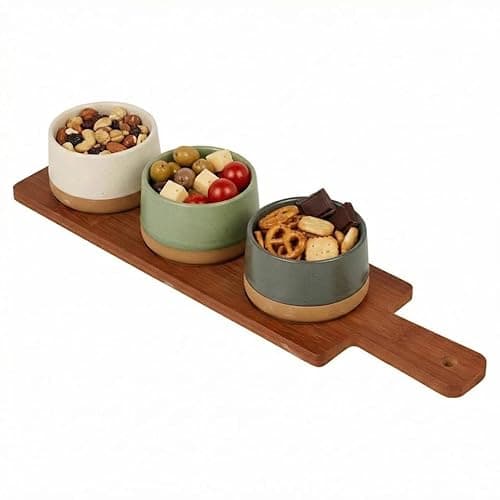 Image of URBNLIVING Bamboo Serving Set – Snack & Tapas Board with Dip & Condiment Bowls, Nibbles Platter for Entertaining, Family Meals & Parties (Set of 4)