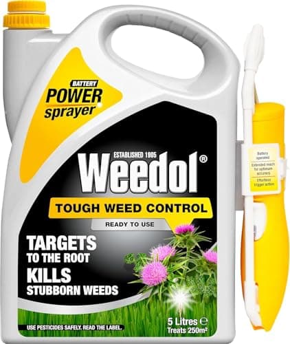 Image of Weedol Tough Weed Control 5L Power Sprayer | Battery Operated Selective Lawn Weedkiller Kills Weeds Not Grass | Targets to the Root | Eradicates Thistles Nettles & Brambles | 5 Litre Continuous Spray