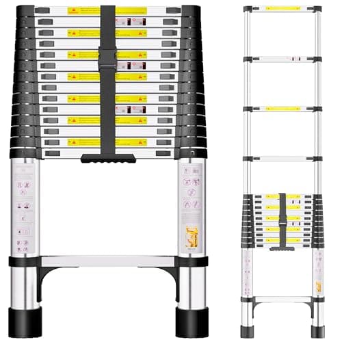 Image of Telescopic Ladder, 4.4M Stainless Steel Thickened High-Strength Ladder with Non-Slip Feet, Portable Ladders Extendable Adjustable Height for Loft Roof Attic Caravans