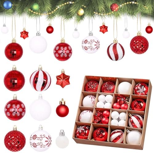 Image of FZYCOM 44 Pieces Christmas Tree Decorations with Hooks & Lanyard, Christmas Hanging Baubles, BritishChristmas Tree Decorating Set, Red & White Ornaments Balls (3-6cm) for Trees, Party & Festive Decor