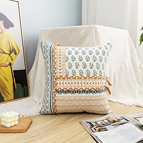Image of LIGICKY Boho Decorative Throw Pillow Covers with Tassels Tribal Hand Woven Accent Pillowcase Moroccan Style Printed Cushion Cover for Couch Sofa Bed Living Room, 45 x 45 cm