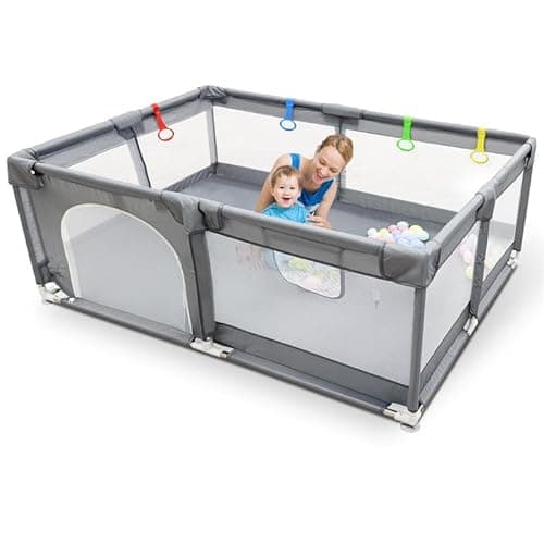 Image of Kidoola Baby Playpen with Padded Frame & Mesh Walls, Play Pen with Balls, Pull Rings, Playpen for Babies and Toddlers, Ideal for Indoor & Outdoor, Baby Play Pen - Unisex (150x180cm)