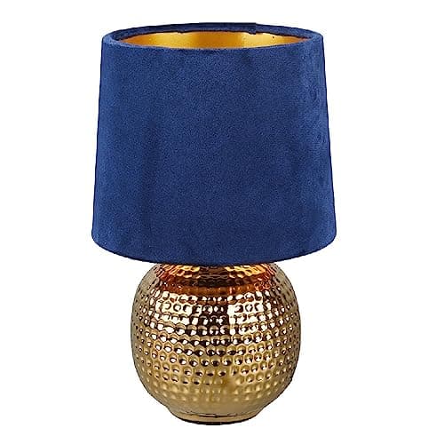 Image of Britalia Gold Ceramic Vintage Hammered Globe Table Desk Lamp with Blue Velvet Shade | 26cm Height | 1 x SES E14 Lamp Bulb Required | UK Approved | Retro Design | Tapered Drum Lampshade