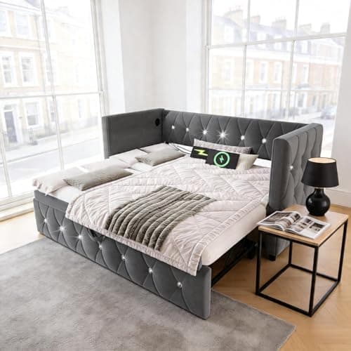 Image of Su & Chan Legence Single Daybed with Pull out Trundle, Upholstered Trundle Bed with Charging Station, Single Sofa Bed for Living Room and Bedroom, No Mattress, 90 x 190cm, Velvet, Grey