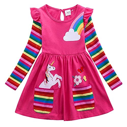 Image of SFreeBo Rainbow Dress for Girls 6-7 Years Cotton Long Sleeve T-Shirt Dress Kids Unicorn Party Dresses with Large Stripe Pockets