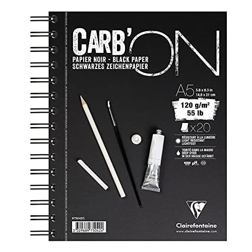 Image of Clairefontaine - Ref 975042C - Carb'On Black Wirebound Paper Pad (20 Sheets) - A5 (210 x 148mm) Sized, 120gsm Paper, Acid Free, pH Neutral - Suitable for Watercolour