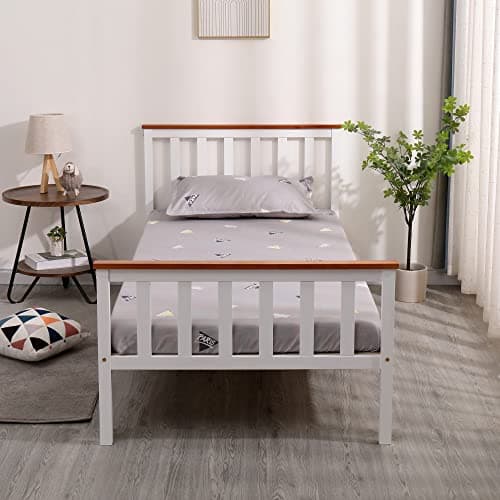 Image of AVC Designs Single Pine Bed Frame 3ft White Wooden Shaker Style Modern Bedroom Furniture For Adults, Teenagers and Kids White/Oak