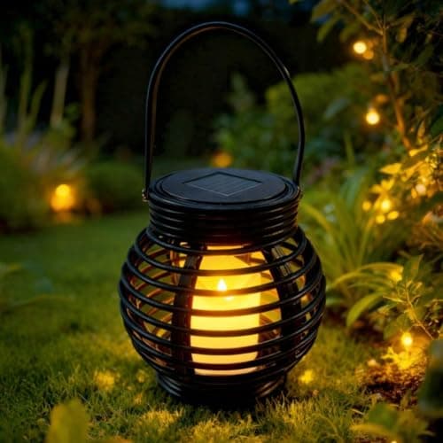 Image of Festive Lights - Solar Powered Black Rattan Effect Lantern – 17cm Garden Candle Cage Lantern, Warm White Flickering Flame LED, Outdoor Hanging Tabletop Patio & Decking Decoration, IP44 Waterproof