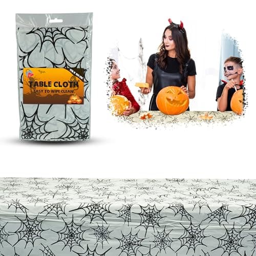 Image of Halloween Cobweb Tablecloth 178x132cm, Waterproof Plastic Rectangular Table Cover for Horror Party, Haunted House, Spider Web Halloween Decoration, Reusable Indoor Outdoor Party Supplies