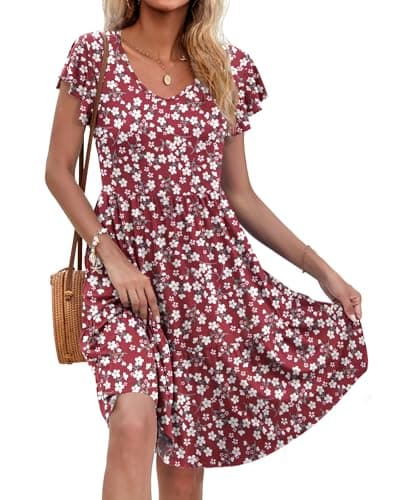 Image of AUSELILY Women Summer Dress Ruffle Petal V-Neck Sundress Short Sleeve Casual Dress with Pockets Red Flowers S