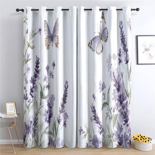 Image of Venivici Lavender Blackout Curtains for Bedroom Living Room - 54 Inch Drop Curtains Eyelet, Purple Floral Butterfly Patterned Window Treatments, Thermal Insulated Drapes 46x54 2 Panels D&-80