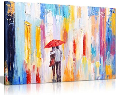 Image of Colourful Oil Painting Couple in Rain Canvas Wall Art Picture Print (30x20)