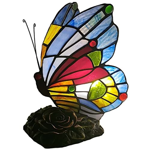 Image of Bieye L30042US 8 inches Butterfly Tiffany Style Stained Glass Accent Table Lamp Night Light for Bedside Bedroom Living Room Coffee Table, Blue Red