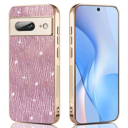 Image of JNERBUYI Protective Case for Google Pixel 7, Shockproof Phone Cover with Sparkly Water Wave Design, Glittery Gold Bumper Case for Girls. Pink