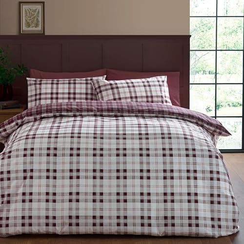 Image of Catherine Lansfield Kelso Check Reversible Double Duvet Cover Set with Pillowcases Plum