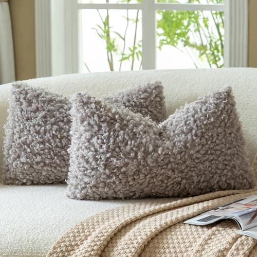 Image of Mandioo Set of 2 Taupe Faux Fur lumbar Cushion Covers 30x50 cm 12x20 inch Boucle Decorative Sherpa Throw Pillow Covers Thick Fuzzy Fleece Pillowcases for Sofa Couch Bed Living Room