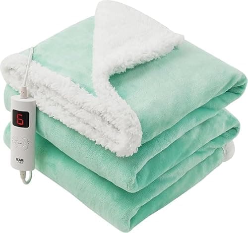 Image of GlamHaus Luxury Electric Heated Throw, Large Reversible Fleece Over Blanket for Sofa or Bed, 160 x 130cm, Heat And Timer Setting, Auto Shut Off, Digital Controller, Machine Washable (Lucite Green)