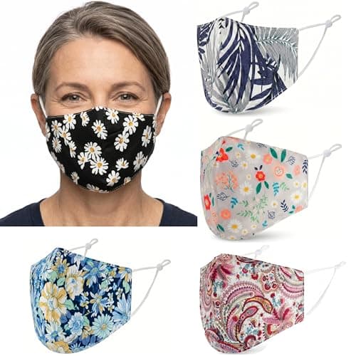 Image of ecotru 5 Pack Reusable Face Masks UK | Washable, Nose Wire for Glass Wearers, 3-Ply Cotton Fabric Mask, Filter Pocket & Adjustable Straps | Pretty Facemask Coverings