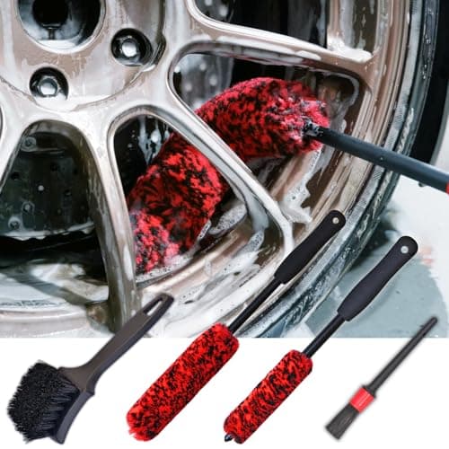 Image of Wheel Brushes for Cleaning Wheels (4 Pro Pack)- 2X Soft Wheel Cleaning Woolies Brush, Detailing Brush and Stiff Tire Brush, Scratch Free Durable Car Wheel Rim Brush Kit for Car Rim and Tire Detailing