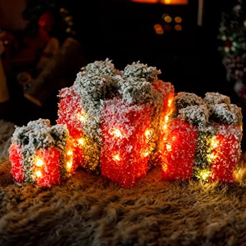 Image of Marco Paul Light Up Present Boxes with Timer Function - Set of 3 Pre-Lit LED Boxes with Bows, Battery Powered Red Indoor Christmas Decorations for Xmas Tree & Tabletop Decor