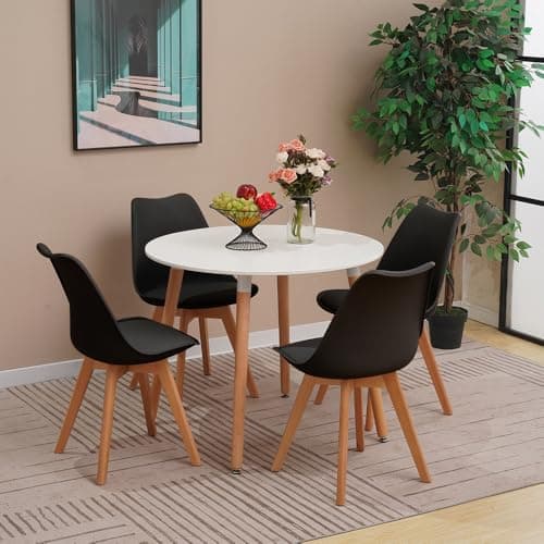 Image of YULU Round Dining Table and Chairs Set 4, Mid Century Modern PU Padded Seat Lounge Chairs and 90cm White Kitchen Table with Solid Wood Legs (Black)