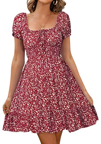 Image of Livonmone Womens Summer Casual Sweetheart Neckline Puff Sleeve Floral Print High Waist Dress Boho Beach Mini Short Dresses (Wine Red, L)