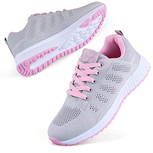 Image of Youecci Womens Sneakers Lightweight Ladies Indoor Outdoor Cross Trainers Casual Lace Up Shoes Fitness Sport Walking Running Shoes Grey Pink 6, Manufacturer Size 39