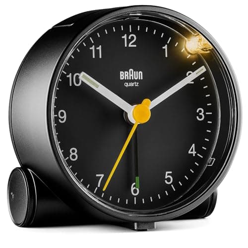 Image of Braun Classic Analogue Alarm Clock with Snooze and Light, Quiet Quartz Movement, Crescendo Beep Alarm in Black, model BC01B.