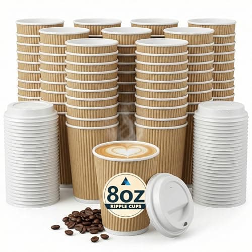 Image of Nationwide Paper 50 Pcs 8oz Coffee Cups with Lids 3 Layer Disposable Ripple Hot Cups - Brown