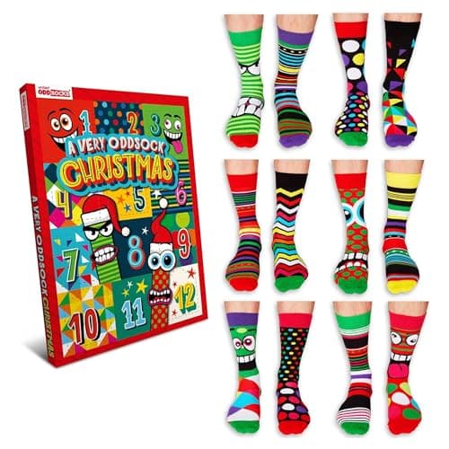 Image of United Oddsocks A Very Oddsock Christmas - 12 Mix & Match Novelty Socks Advent Calendar for Men - UK Size 6–11, EUR 39–46, US 7–12 - Festive Calf-Length Gift Set with Bold Colours & Fun Characters