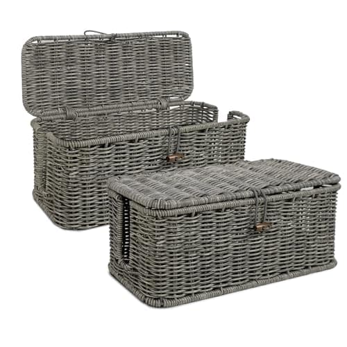 Image of IXTRA 2-Pack Cable Management Box Set, Handwoven Rattan Cord Organizer, Decorative Cord Hider with Lid, Large Cable Organizer for Desk, TV Wires,Power Strips & Cords Grey